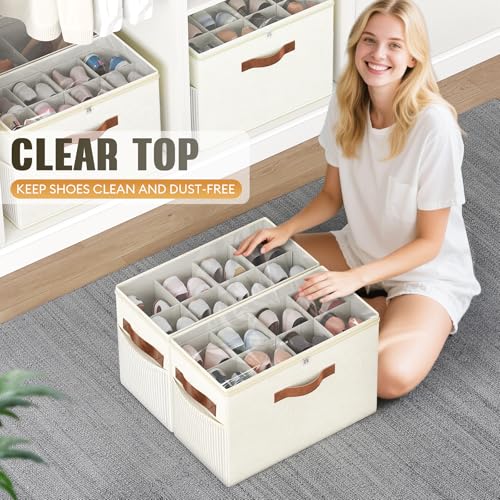2 Pack Shoe Organizer for Closet, Foldable Shoe Storage with Adjustable | Farbic shoe storage organizer box bin with clear cover, fits up to 16 pairs, shoe storage box for closet, entryway, beige