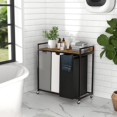 Laundry Hampers with Shelf, Laundry Basket 3 Section, Laundry Sorter with Pull-Out Removable Large 3 Color Bags and Movable Wheels, Metal Frame, 3 x 15.87 Gallons (60L), Rustic Brown PF04XLN