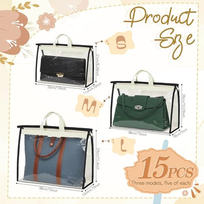 SHENLIU 15 Pack Dust Bags for Handbags, 3 Sizes Clear Handbag Storage Organizer for Closet, Purse Protector Storage Bag with Zipper and Handle, Hanging Dust Cover Bag for Handbag