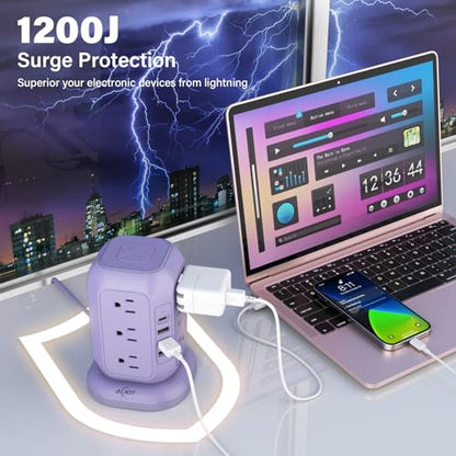 USB C Power Strip Tower with 12 AC Outlet and 4 USB Ports Purple | 10 FT Extension Cord, 1200J Surge Protector, USB Charging Station Office Supplies, Dorm Essentials, Woman