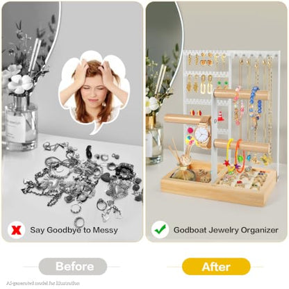Jewelry Stand - 48 Holes Earring Holder, 4-Tier Necklace Organizer | 6 Hooks Jewelry Organizers and Storage, Bracelet Ring Rack with Wood Box, Preppy Gift Room Decor for Teen Girls Women, White