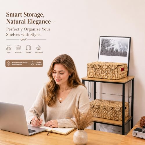 LUSYDECO Set of 3 Scalloped Edge Wicker Basket with Lid, Rectangle Wicker Storage Basket with Built-in Handles, Multipurpose Organizer Rattan Display Boxes for Shelf, Nursery Room