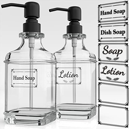 2 Pack Soap Dispenser, 18 Oz Antique Design Thick Glass Hand Dispensers; with 304 Rust Proof Stainless Steel Pump, 6Pcs Clear Stickers, for Kitchen, Bathroom- Black
