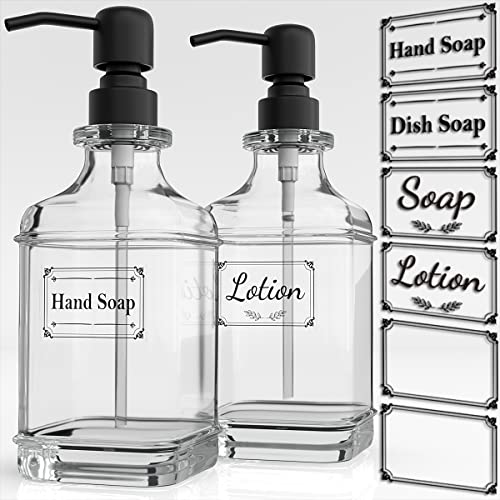 2 Pack Soap Dispenser, 18 Oz Antique Design Thick Glass Hand Dispensers; with 304 Rust Proof Stainless Steel Pump, 6Pcs Clear Stickers, for Kitchen, Bathroom- Black