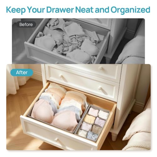 Vtopmart 4 Pack Large Bra Drawer Organizer, 14 Inch Foldable Fabric Underwear Storage Tray for Dresser Drawers, Keeps Shape for M-L/34D-38C Bras, Closet Organizer