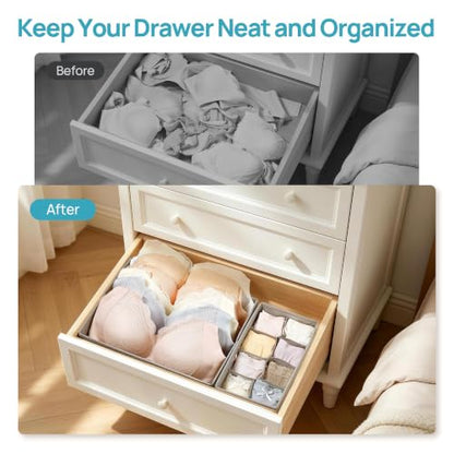 Vtopmart 4 Pack Large Bra Drawer Organizer, 14 Inch Foldable Fabric Underwear Storage Tray for Dresser Drawers, Keeps Shape for M-L/34D-38C Bras, Closet Organizer