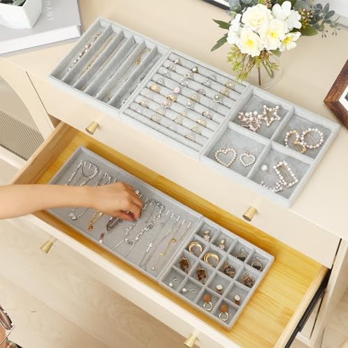 Fixwal Jewelry Organizer Trays 5 Pack 14in Stackable Drawer Box Dividers | Stackable 14in Trays, Removable Dividers, Multi-Layer Design, for Earrings Necklaces Bracelets and Watches