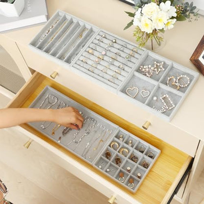 Fixwal Jewelry Organizer Trays 5 Pack 14in Stackable Drawer Box Dividers | Stackable 14in Trays, Removable Dividers, Multi-Layer Design, for Earrings Necklaces Bracelets and Watches
