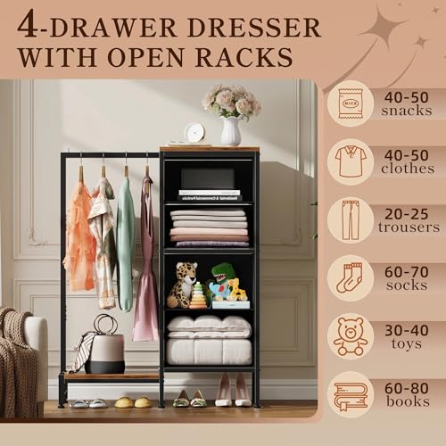 Tall Dresser 44''H with Hanging Rack, 4 Drawers Small Closet Dresser for Bedroom, Reversible Fabric Chest of Drawers with Clothes Rack, Tall Storage Tower, Sturdy Frame, Rustic Brown