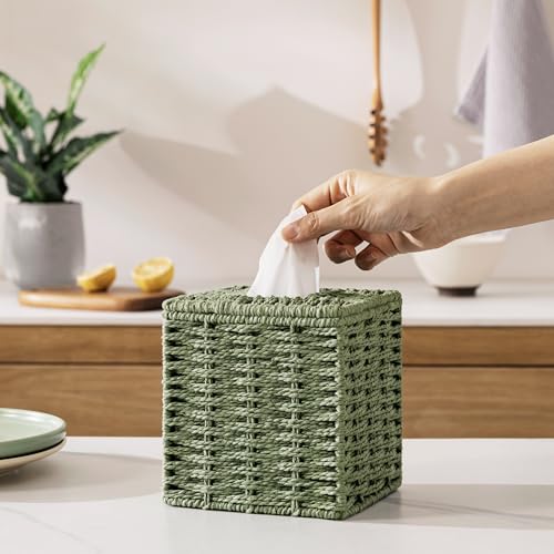 Sage Green Tissue Box Cover, Paper Rope Hand Woven Square Tissue Box Holder for Home Decor, Bathroom Countertop, Office, Bedside Table