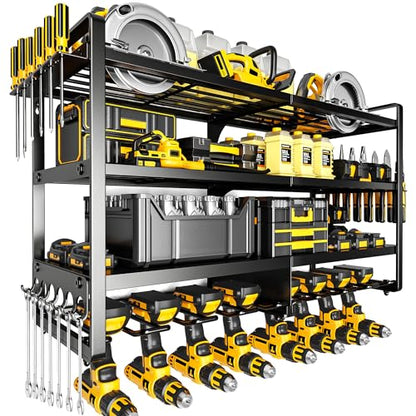 POKIPO Large Power Tool Organizer Wall Mount,4 Layers Heavy Duty Metal Loads 400lbs,Power Tool Shelf Battery Storage with 8 Cordless Drill Holder,Utility Racks for Garage Workshop