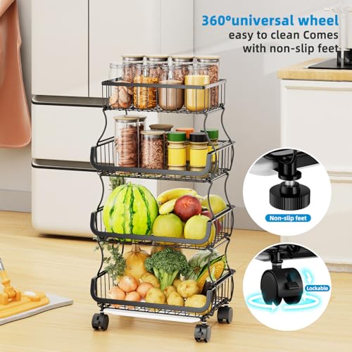Simple Trending Stackable Cart, Fruit Vegetable Basket with Wheels, 4 Tier | Rolling Cart with 2 Hanging Baskets, Kitchen Storage Metal Wire Basket Stand for Vegetable Snacks, Black