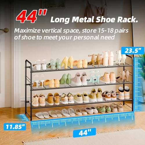 3 Tier Shoe Rack for Closet, 44 Inch Extra Long Shoe Storage Organizer for Shelves, Heavy Duty Metal, Easy Assembly, Black