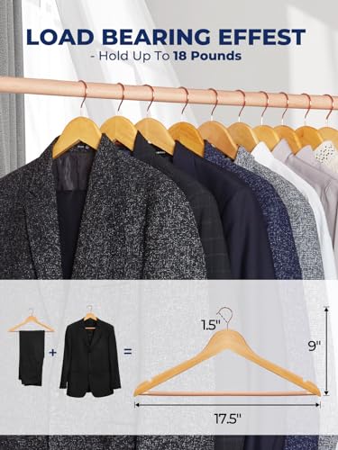 Wooden Hangers 10 Pack, Solid Wood Coat Hanger for Closet, Heavy Duty Wood Hangers for Suits, Shirts, Dresses, with 360° Rose Gold Hook, Non Slip Pant Bar, Natural