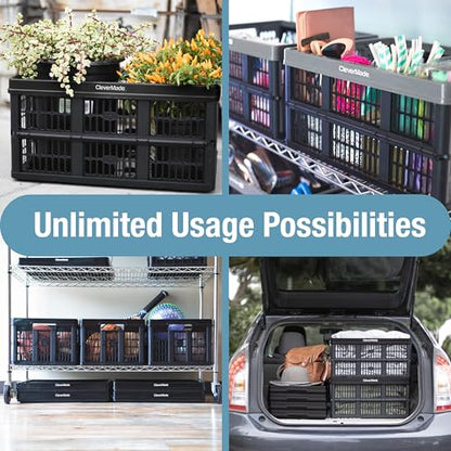 CleverMade Collapsible Utility Crate (100% Recycled) - 45L - Obsidian | Create Stackable Order for Groceries, Tools, and Gear | Each Crate Holds 66 lb, Folds Under 3 Inches, and Carries Easily