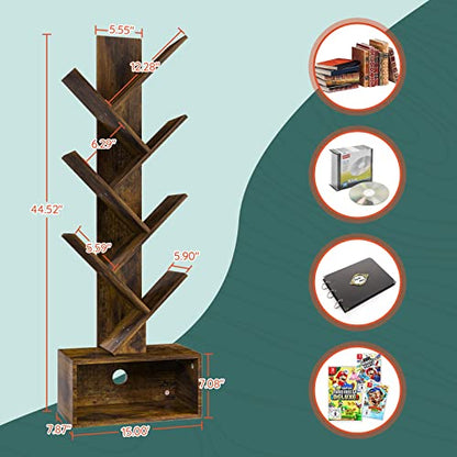 Yoobure Tree Bookshelf - 6 Shelf Retro Floor Standing Bookcase, Tall Wood Book Storage Rack for CDs/Movies/Books, Utility Book Organizer Shelves for Bedroom, Living Room, Home Office, Rustic Brown