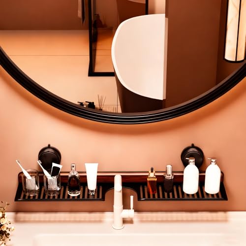 Bathroom Sink Shelf Over Faucet, No Drill Floating Shelf for Bathroom Sink, Under Sink Caddy Organizers for Toothbrush Soap (Black, 20 inch)