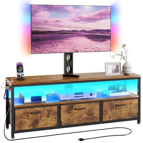 JUSTOGO TV Stand with Mount, Entertainment Center for 55 60 65 inch, Brown | TV Console with Drawers & Led Lights, AC Outlets & USB Ports, For Living Room, Bedroom, Height Adjustable, Swivel TV Cabinet