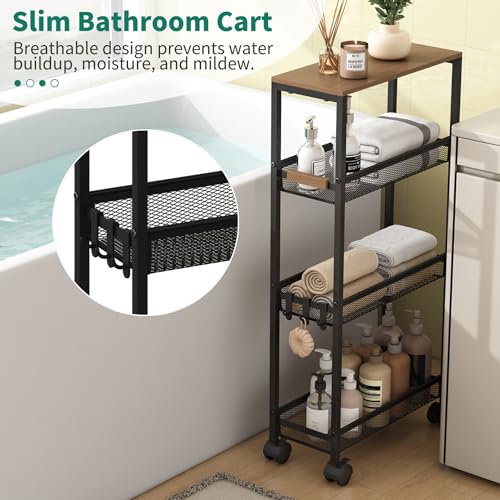 Utility Slim Storage Cart, 4 Tier Rolling Cart with Wheels, Narrow Storage Cabinet for Bathroom, Laundry Shelves for Room Organization, Small Organizer for Kitchen, Office and Dorm (Black)