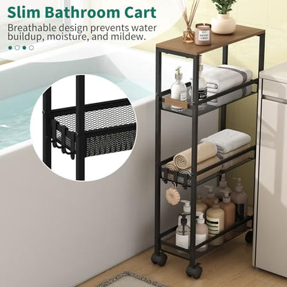 Utility Slim Storage Cart, 4 Tier Rolling Cart with Wheels, Narrow Storage Cabinet for Bathroom, Laundry Shelves for Room Organization, Small Organizer for Kitchen, Office and Dorm (Black)