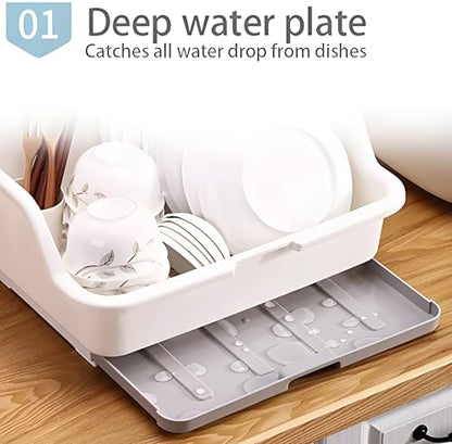 Tomorotec Medium Size Dish Drying Rack & Drain Board with Lid Cover, White | Kitchen Counter Drainer with Dust-Proof Clear Cover, Detachable Design with Utensil Holder, Plate Cup Tray Cutlery Drainer