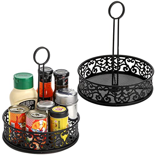 Lyellfe 2 Pack Condiment Caddy with Menu Number Card Holder | Metal Black Restaurant Table Caddy, Decorative Carved Seasoning Organizer for Grill Outdoors, Kitchen Cabinet, Camping