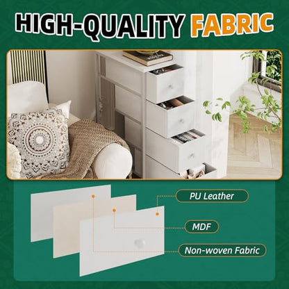Narrow Dresser, 19" Wide Narrow Nightstand Dresser Storage Tower with 5 Drawers, Slim Fabric Dressers Chest of Drawers for Small Spaces, Wood Top & Fabric Bins for Bedroom Bathroom Closet (White)