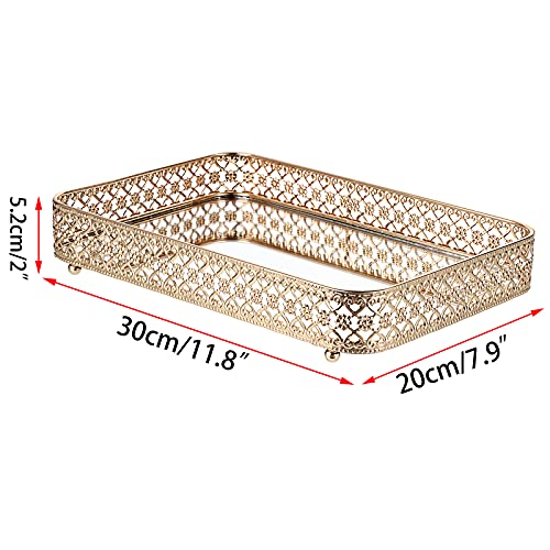 ELLDOO Gold Mirror Glass Perfume & Makeup Vanity Tray, Medium Size | Hollow-Carved Jewelry Storage, Metal Trinket Organizer for Dresser Bathroom Countertop Home Decor