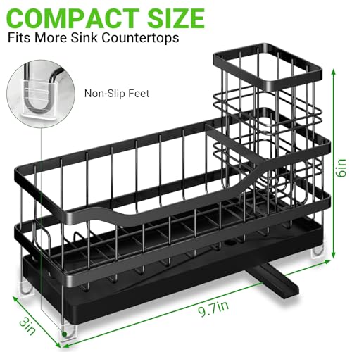 Sponge Holder for Kitchen Sink, Self-Draining Sink Caddy Organizer with Removable Brush Holder, Rustproof Metal Sponge Rack for Countertop, Fits Soap Dispenser & Scrubber, Black
