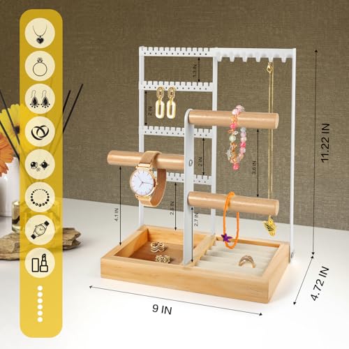 Jewelry Stand - 48 Holes Earring Holder, 4-Tier Necklace Organizer | 6 Hooks Jewelry Organizers and Storage, Bracelet Ring Rack with Wood Box, Preppy Gift Room Decor for Teen Girls Women, White