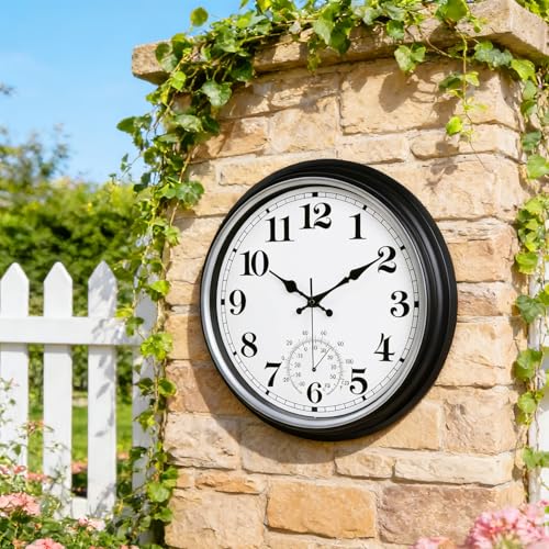 16 Inch Large Outdoor Clock Retro Waterproof Clock Non-Ticking, Black | Indoor/Outdoor Wall Clock with Thermometer, Battery Operated for Pool, Patio, Garden