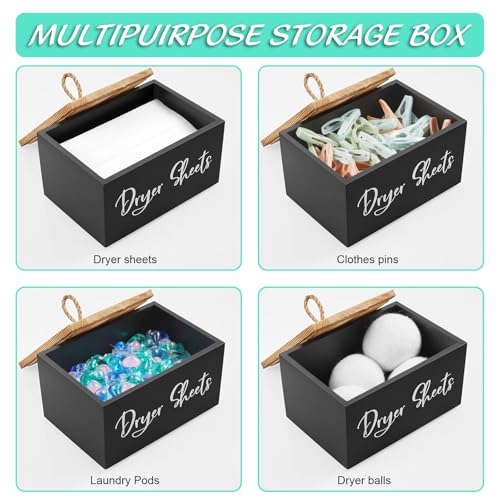 Dryer Sheet Holder, Wooden Laundry Sheets Container, Laundry Room Organization and Storage for Farmhouse Laundry Room Decor and Accessories, Fabric Sheet Holder, Black