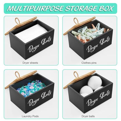 Dryer Sheet Holder, Wooden Laundry Sheets Container, Laundry Room Organization and Storage for Farmhouse Laundry Room Decor and Accessories, Fabric Sheet Holder, Black