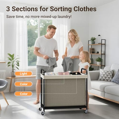 Laundry Hamper 3 Section, 120L Rolling Laundry Sorter with Wheels | Removable Washable Liner Bags, Sturdy Steel Frame and Metal Handle, 3 Compartment Clothes Organizer for Laundry Sorting