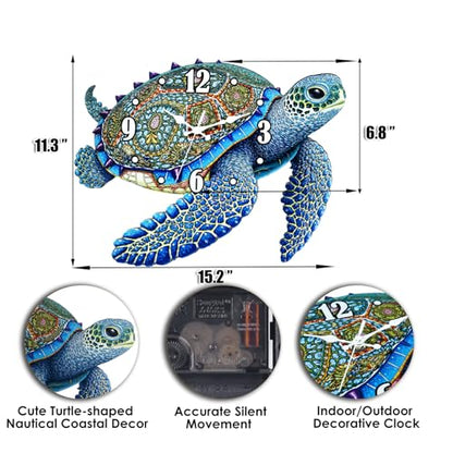 Turtle Outdoor Clock Waterproof for Patio Pool Garden Decor,11.3"x15.2" | Nautical Coastal Decorative,Silent,Inoor/Outside