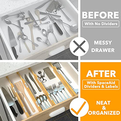 SpaceAid Bamboo Drawer Dividers with Labels, Kitchen Adjustable Drawer Organizers, Expandable Organization for Home, Office, Dressers and Bathroom, 6 Dividers (17-22 in)