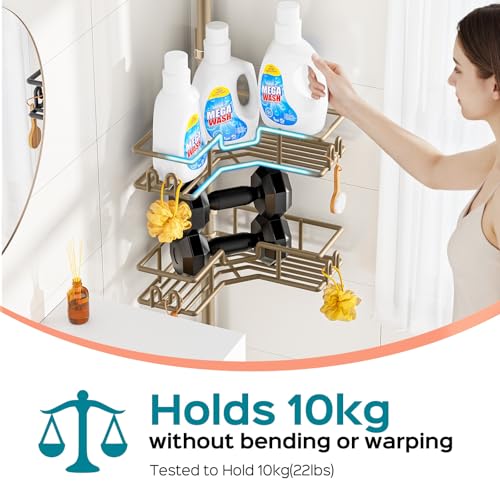 HAMITOR No-Drill Shower Rack, 4-Tier Corner Rustproof Tension Pole, Khaki | Bathroom Accessories With Hooks Renter-Friendly, 47.7-123.6in Adjustable, Space-Saving Bathtub Caddy For Family, Apartment RV