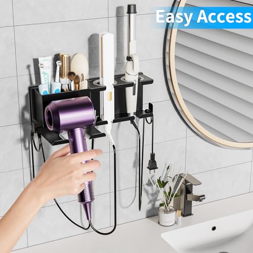 Hair Dryer Holder Wall Mounted, Adhesive and Screw Mounting, Black | Metal Hair Tools Organizer, Blow Dryer Holder for Dyson Dryer, Curling Iron, Straightener, Bathroom Hair Accessories