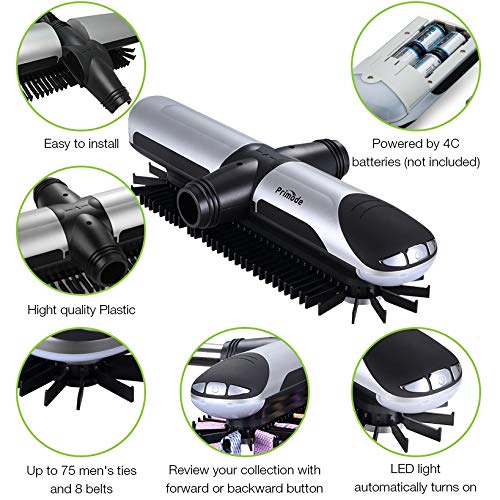 Motorized Tie Rack Closet Organizer with LED Lights Includes J Hooks for Wired Shelving Stores Up to 72 Ties & 8 Belts Operates with Batteries