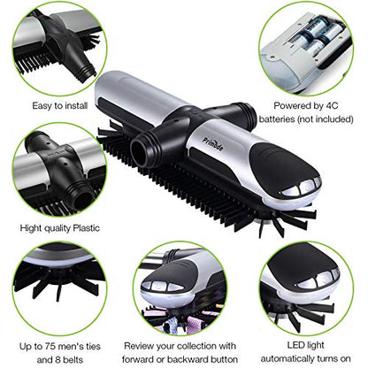 Motorized Tie Rack Closet Organizer with LED Lights Includes J Hooks for Wired Shelving Stores Up to 72 Ties & 8 Belts Operates with Batteries