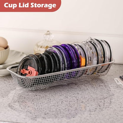 2Pack Stainless Steel Mesh Tumbler Cup Lid Organizer, Mason Jar Lid Holder | Rectangular, Cabinet Storage Basket, For Silverware Chopsticks Straws Utensils