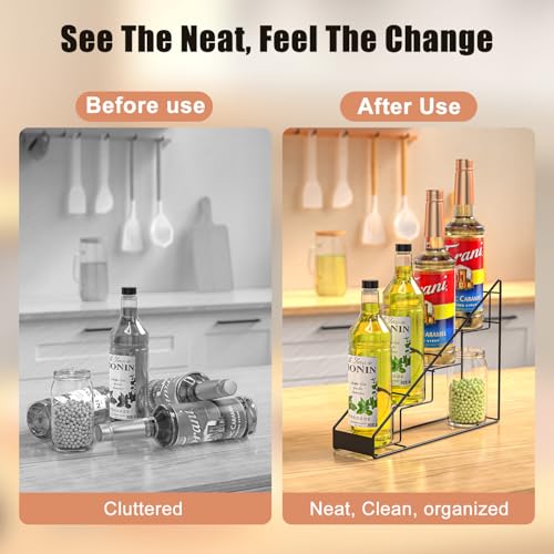 Coffee Syrup Organizer for Countertop, Stepped Syrup Rack Holds 4 Bottles, Freestanding Coffee Bar Organizer, Heavy Duty Carbon Steel Storage Rack for Home, Kitchen, Café & Bar