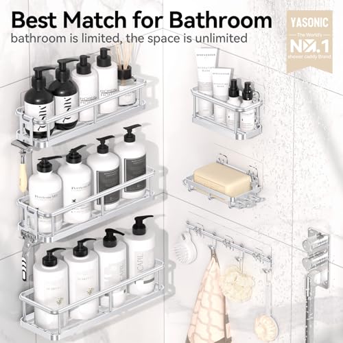 Shower Caddy Adhesive, Rustproof Shower Organizer with Soap Holder, Large Capacity Shower Shelves for Inside Shower, No Drilling Bathroom Organizers and Storage for Home Decor（6 Pack Silver）
