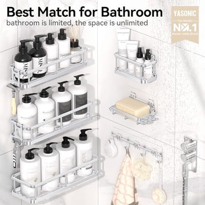 Shower Caddy Adhesive, Rustproof Shower Organizer with Soap Holder, Large Capacity Shower Shelves for Inside Shower, No Drilling Bathroom Organizers and Storage for Home Decor（6 Pack Silver）