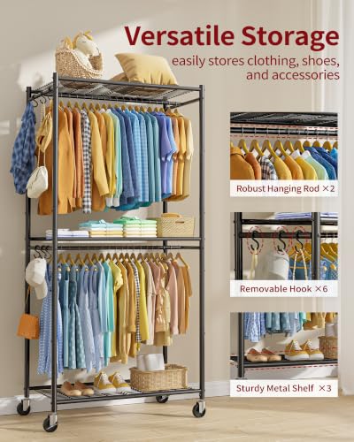 Sakugi Clothes Rack with Cover, Wardrobe Closet, 35.4" x17.7" x79.7", Iron | Bedroom, Dorm, Apartment, Open Front, Heavy Duty, Lockable Wheels, Rust-Resistant, Black