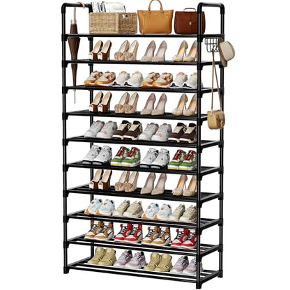Shoe Rack, 10 Tier Shoe Storage Organizer with Hooks,Fit 40-45 Pairs Shoes,Metal Tall Shoe Shelf for Closet,Entryway, Hallway,Garage,Bedroom,Cloakroom