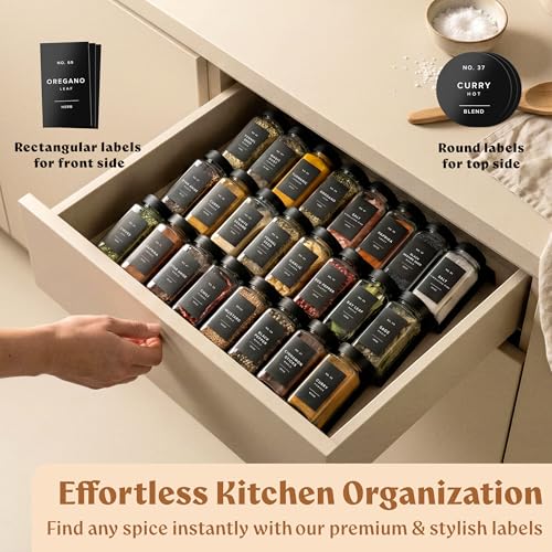 Glass Spice Jars with Labels (24 x 4oz) Spice Containers with 240 Labels, Shaker Inserts, Funnel, Empty Square Empty Square Seasoning Organizer (Black Lids)