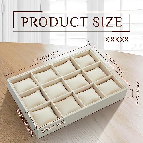 2 Pieces 12 Grid Velvet Watch Tray Jewelry Organizer Stackable Watch Bracelet Bangle Display Holder Adjustable Pillow(Beige)