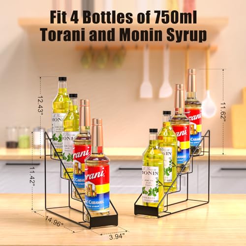 Coffee Syrup Organizer for Countertop, Stepped Syrup Rack Holds 4 Bottles, Freestanding Coffee Bar Organizer, Heavy Duty Carbon Steel Storage Rack for Home, Kitchen, Café & Bar