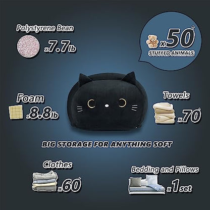 Stuffed Animal Storage Bean Bag Chair Cover for Kids Black Cat Beanbag Chair for Girls Large Size Toy Organizer Cover Only Without Filling